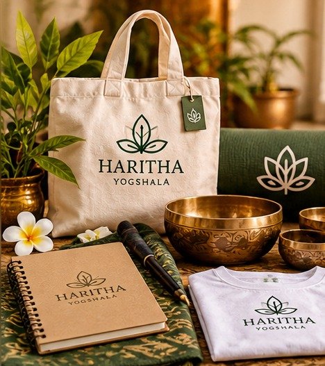 Haritha Yogshala course kit with tote bag, notebook and singing bowls