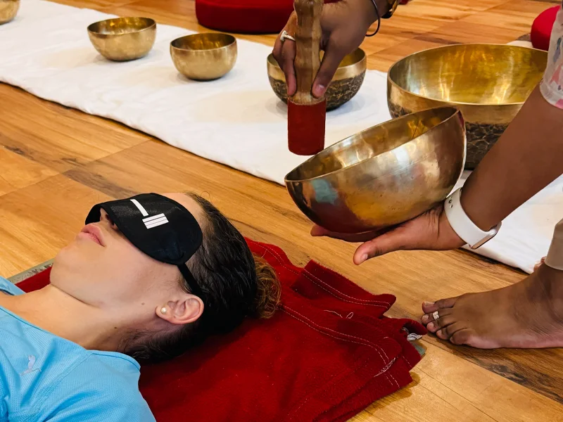 Students practising sound healing at Haritha Yogshala, Tapovan Rishikesh (photo 2)