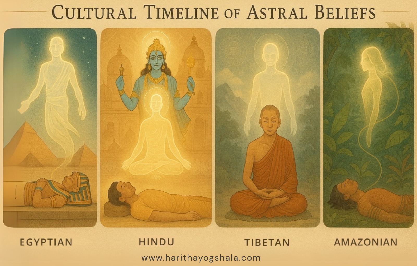 Cultural timeline of astral projection beliefs in Egyptian, Hindu, Tibetan, and Amazonian traditions with spiritual visuals