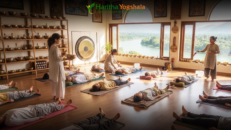 Instructor guiding students through sound healing therapy in Rishikesh