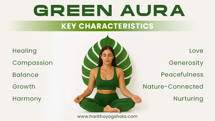 Woman meditating in green outfit with green leaf backdrop representing green aura; key traits listed include healing, compassion, balance, growth, harmony, love, generosity, peacefulness, nature-connected, nurturing.