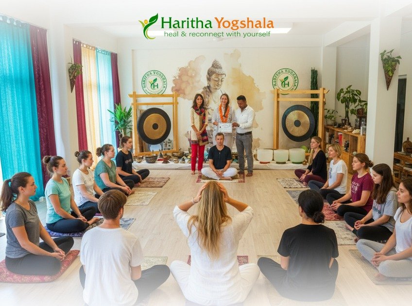 Students practicing yoga during 200-hour yoga teacher training in Rishikesh at Haritha Yogshala