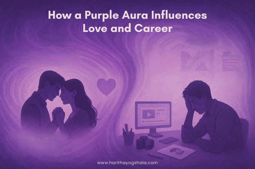 Illustration showing how a purple aura affects love and career—depicting romantic connection and career stress in a vibrant violet energy field