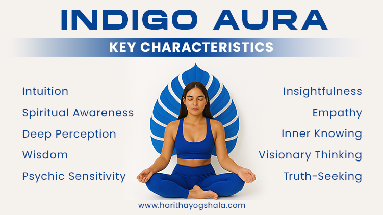 Woman meditating in indigo outfit with indigo leaf backdrop representing indigo aura; key traits listed include intuition, spiritual awareness, deep perception, wisdom, psychic sensitivity, insightfulness, empathy, inner knowing, visionary thinking, truth-seeking.