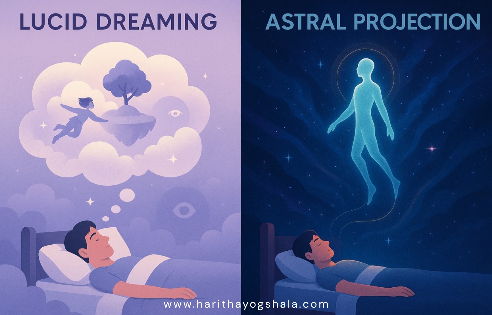 Lucid dreaming vs astral projection – visual comparison of conscious dreaming and out-of-body spiritual experience.