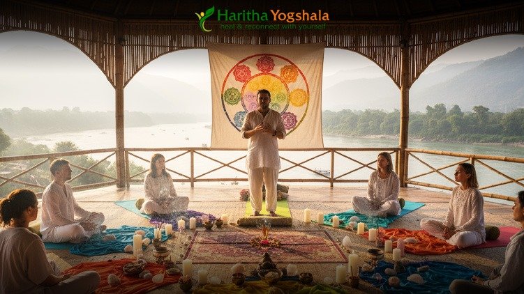 Teacher guiding students through chakra balancing techniques at a wellness school in Rishikesh