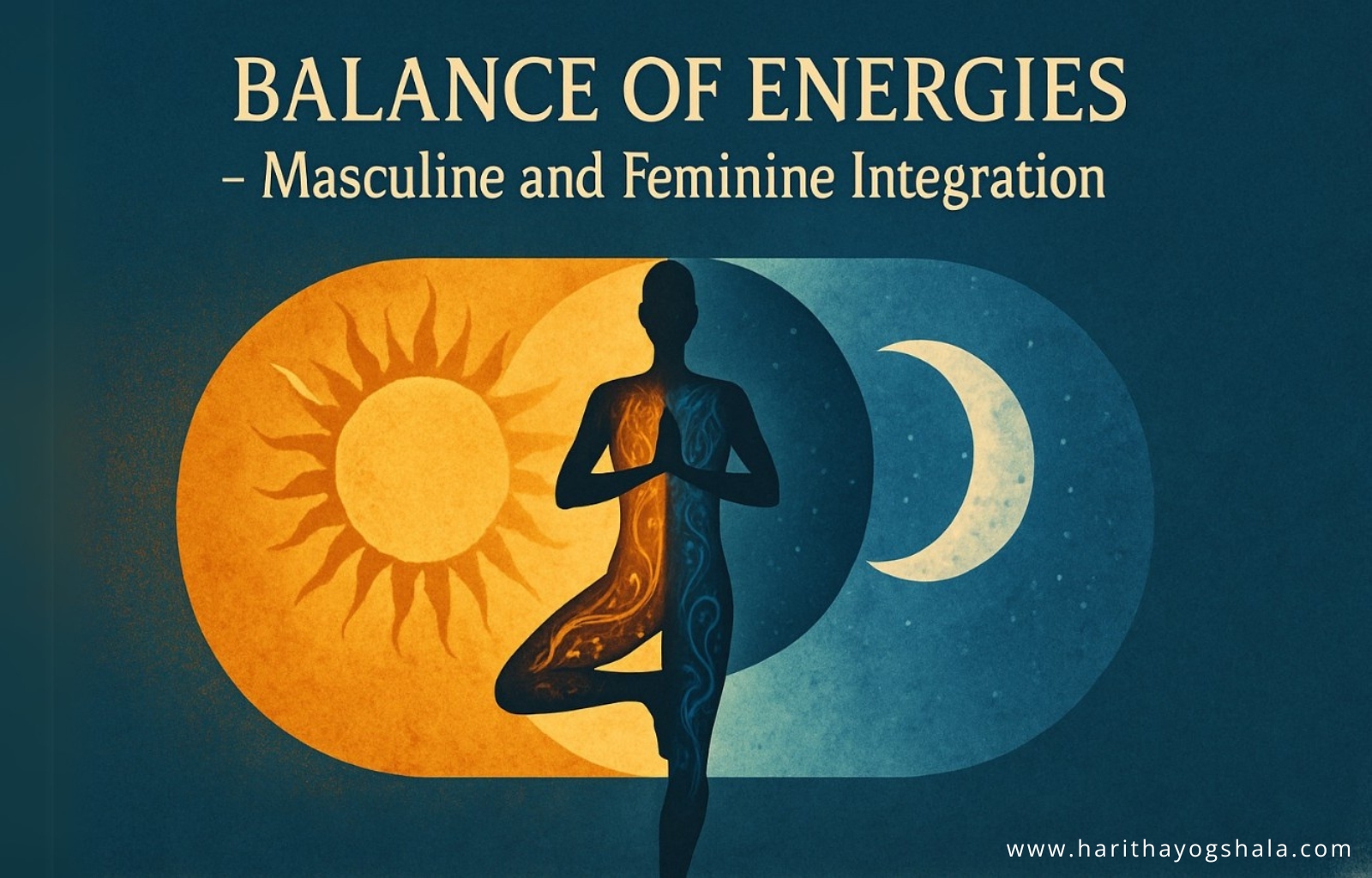 Shakti Yoga for Everyone – illustration of a person in tree pose uniting masculine sun energy and feminine moon energy, symbolizing balance and inclusivity in yoga practice
