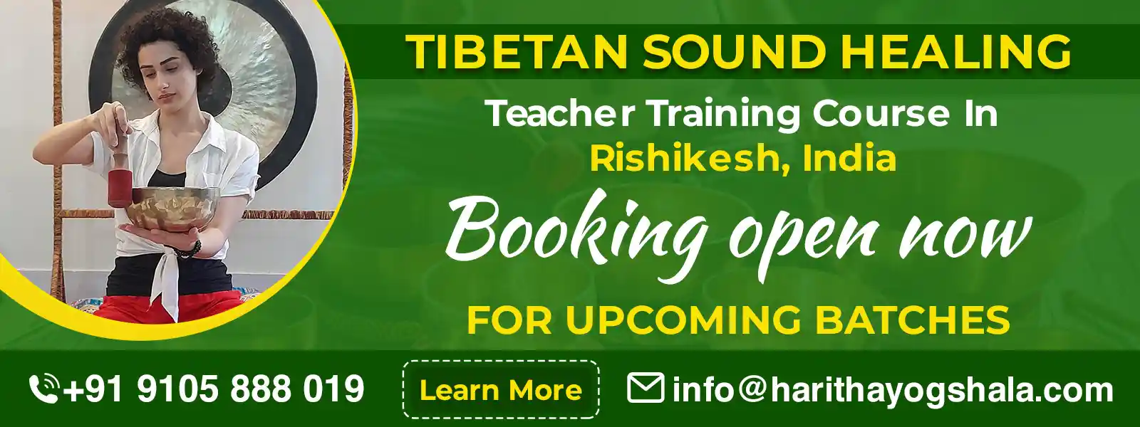 Group of students practicing sound healing with Tibetan singing bowls during a teacher training course in Rishikesh