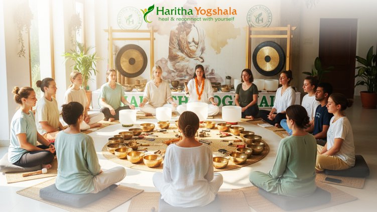 Practitioner leading a sound healing session in Rishikesh with group meditation