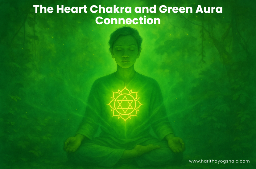 Person meditating in green aura light with glowing heart chakra symbol, showing chakra and aura connection