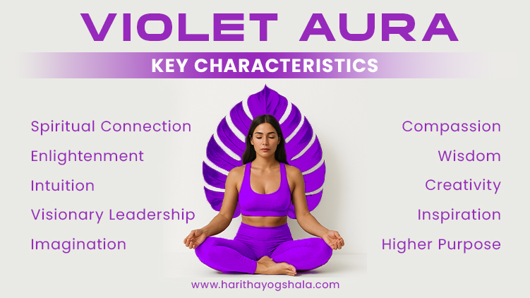 Woman meditating in violet outfit with purple leaf backdrop representing violet aura; key traits listed include spiritual connection, enlightenment, intuition, visionary leadership, imagination, compassion, wisdom, creativity, inspiration, higher purpose.