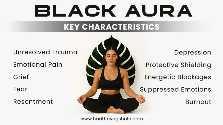 Woman meditating in black outfit with black leaf background symbolizing a black aura; representing emotional pain, grief, fear, trauma, energetic blockages, and suppressed emotions.