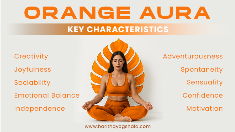 Woman meditating in orange outfit with orange leaf backdrop representing orange aura; key traits listed include creativity, joyfulness, sociability, emotional balance, independence, adventurousness, spontaneity, sensuality, confidence, motivation.