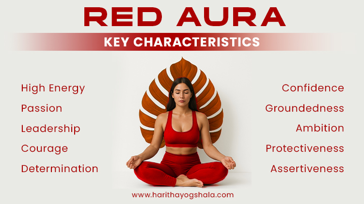 Woman meditating in red outfit with red leaf backdrop representing red aura; key traits listed include high energy, passion, leadership, courage, determination, confidence, groundedness, ambition, protectiveness, assertiveness.