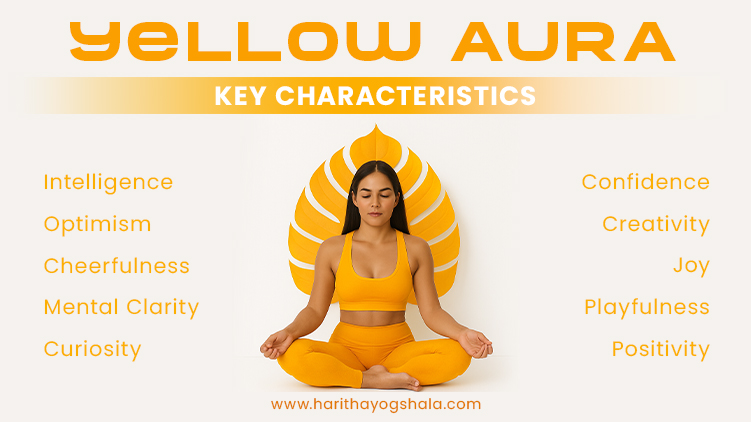 Woman meditating in yellow outfit with yellow leaf backdrop representing yellow aura; key traits listed include intelligence, optimism, cheerfulness, mental clarity, curiosity, confidence, creativity, joy, playfulness, positivity.
